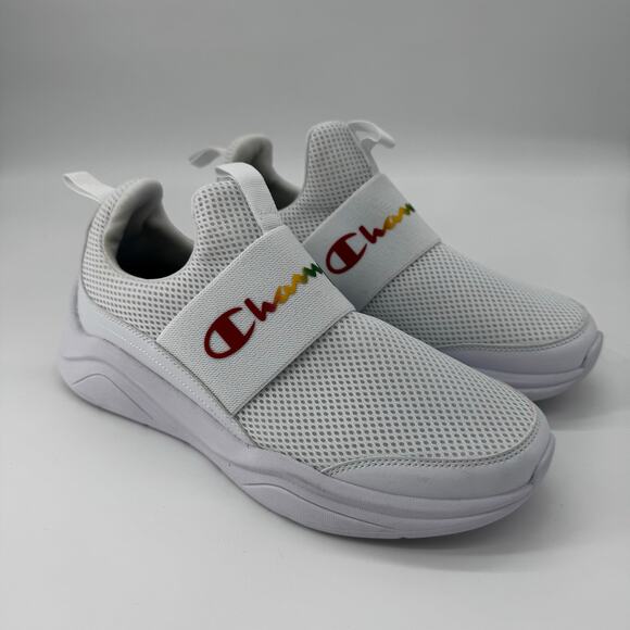 Champion Legacy Juke Low‎ Slip On Sneakers White Rainbow Script 9.5 Womens Pride - Picture 1 of 8